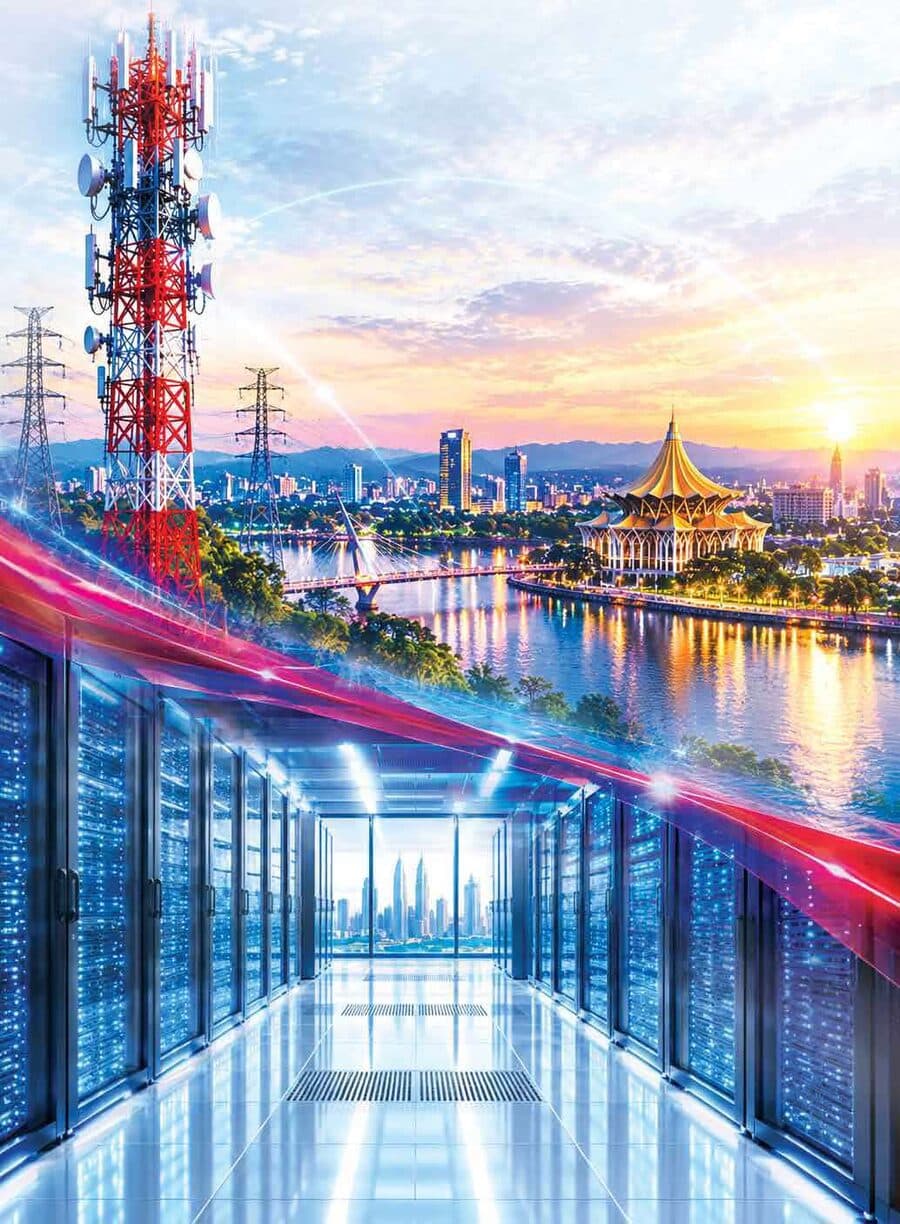 Kulit prospektus Impact: menara telekomunikasi, waterfront Kuching dengan bangunan DUN Sarawak, dan koridor pusat data. Ini ilustrasi reka bentuk, bukan gambar projek sebenar, tapi ia rumuskan apa yang Impact buat: rangkaian dan pusat data untuk Sarawak.