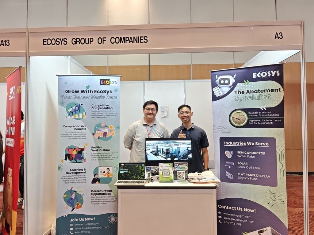 Gerai EcoSys di pameran kerjaya, dengan rangkaian abatement yang ditujukan kepada kilang wafer, kilang sel solar dan kilang panel paparan. Entiti yang disenaraikan ditubuhkan pada 2023, tapi bisnesnya bermula sejak 2005.