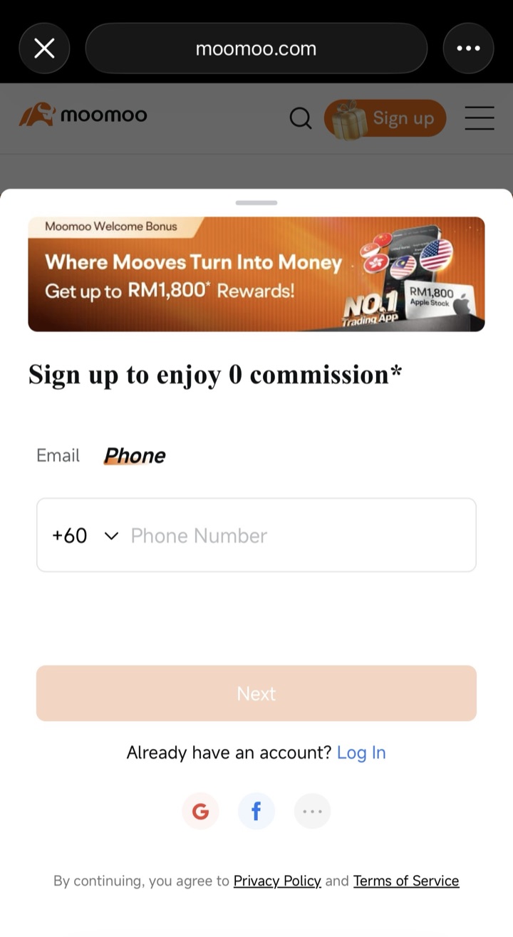 Moomoo sign-up screen