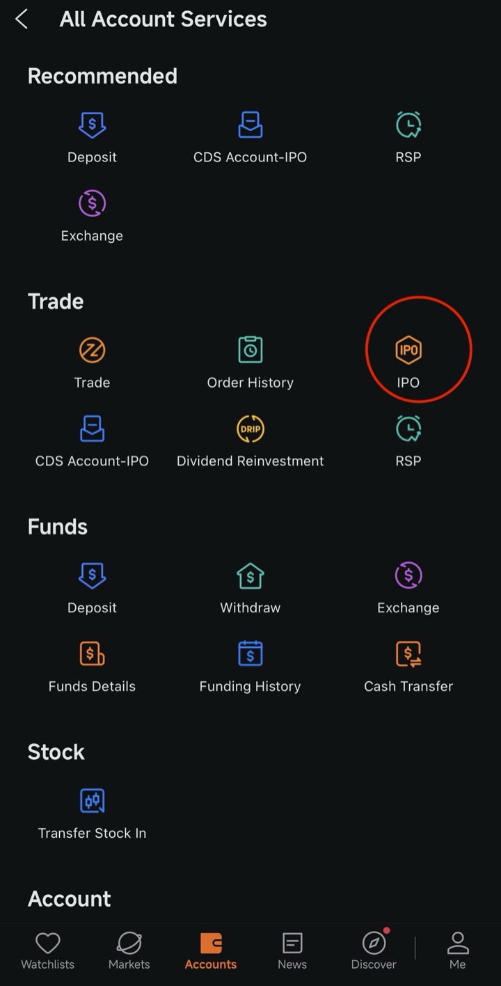 IPO icon in All Account Services