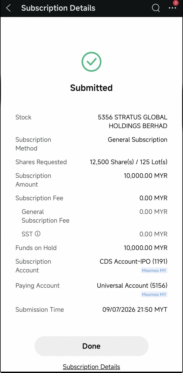 Subscription submitted, funds on hold
